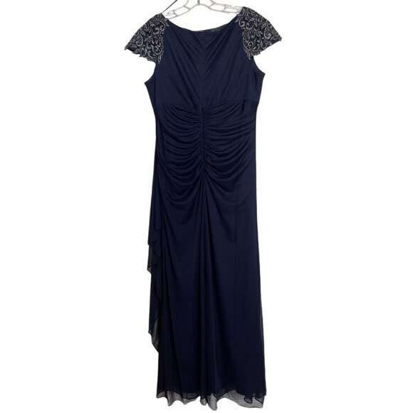 Xscape Dress Womens Size 14 Blue Embroidered Studded Short Sleeve Evening Gown - Picture 5 of 10